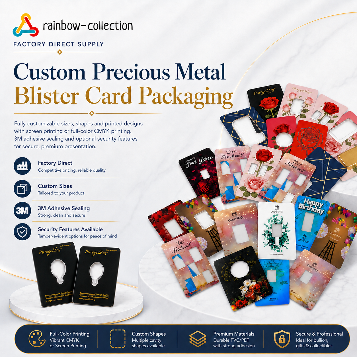 Custom precious metal blister card packaging for gold bars, coins and collectibles