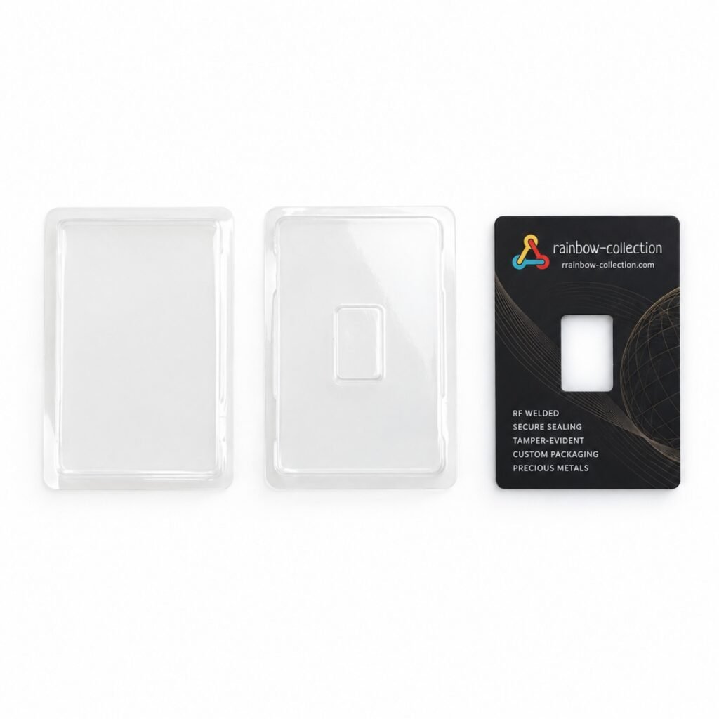 Clear PET blister components for custom RF sealed precious metal packaging