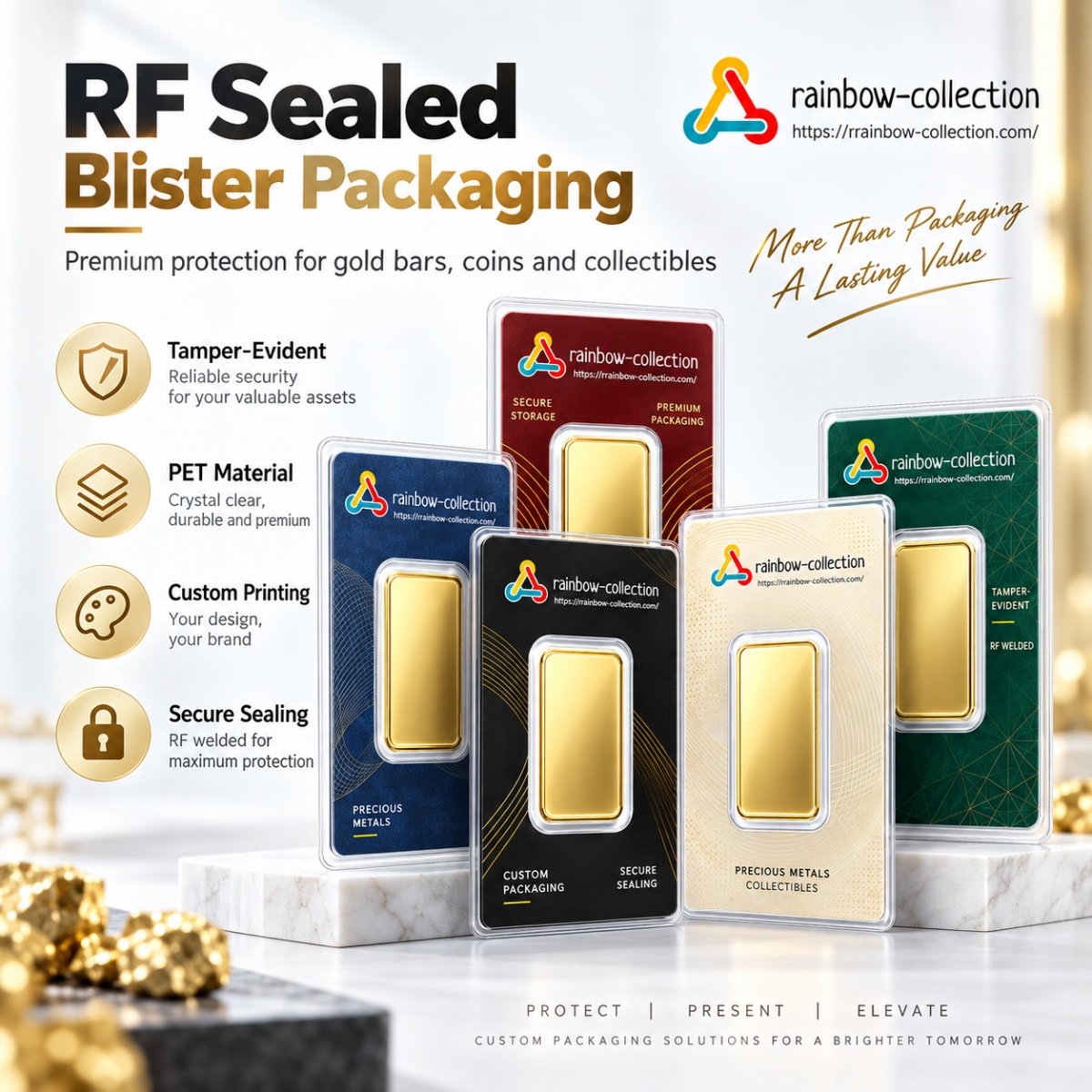 Custom RF sealed tamper-evident PET blister packaging for precious metals