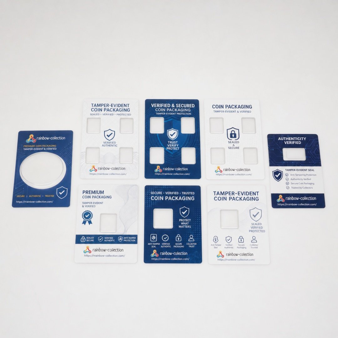 Custom branded tamper-evident blister card packaging with themed CMYK artwork for collectible coins