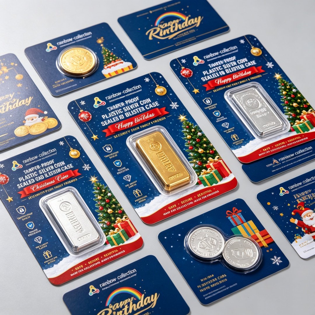 Multiple Christmas CMYK blister card packages arranged for silver coin gift presentation