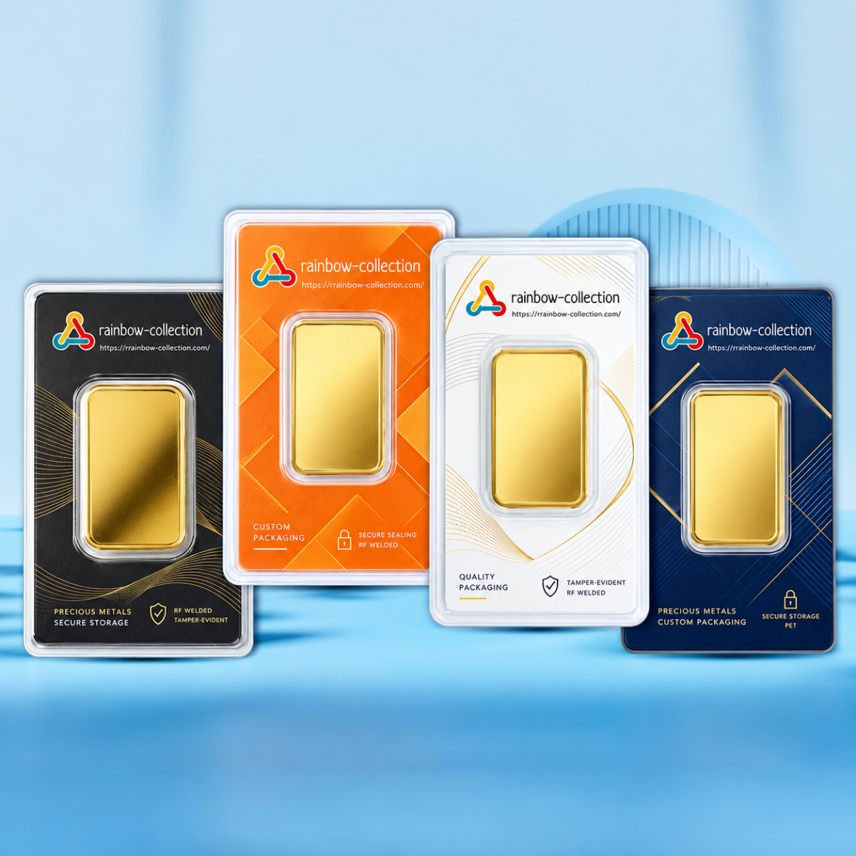 Variety of custom printed assay cards for RF sealed gold bar blister packaging