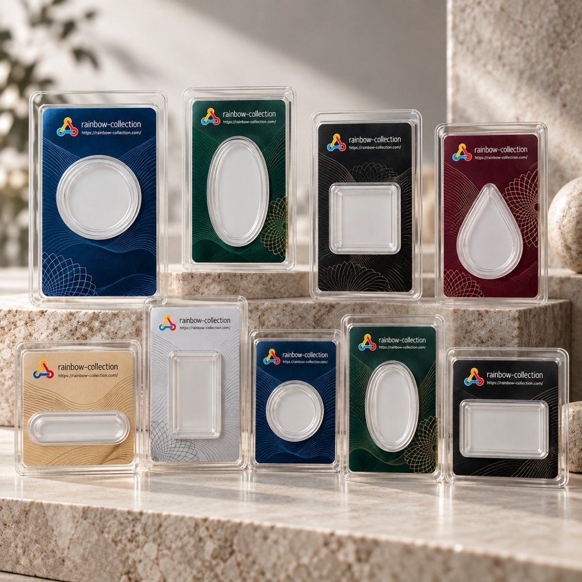 Various empty custom cavity blister holders for collectible coins showing OEM packaging options
