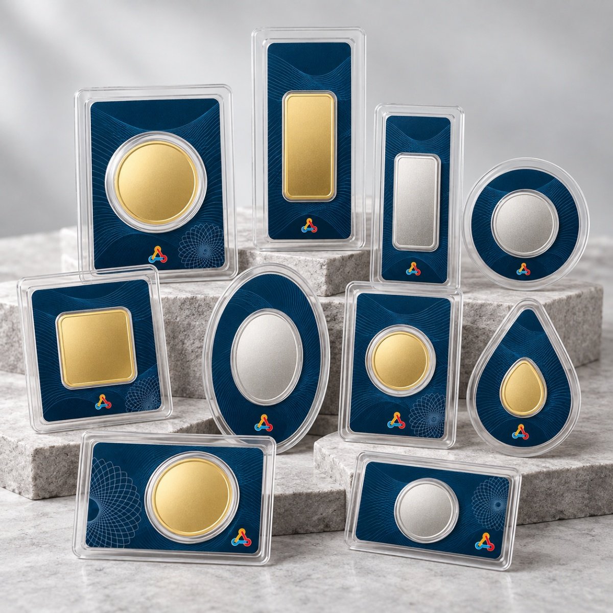 Assortment of RF sealed blister packaging with different custom cavity shapes and sizes for precious metals