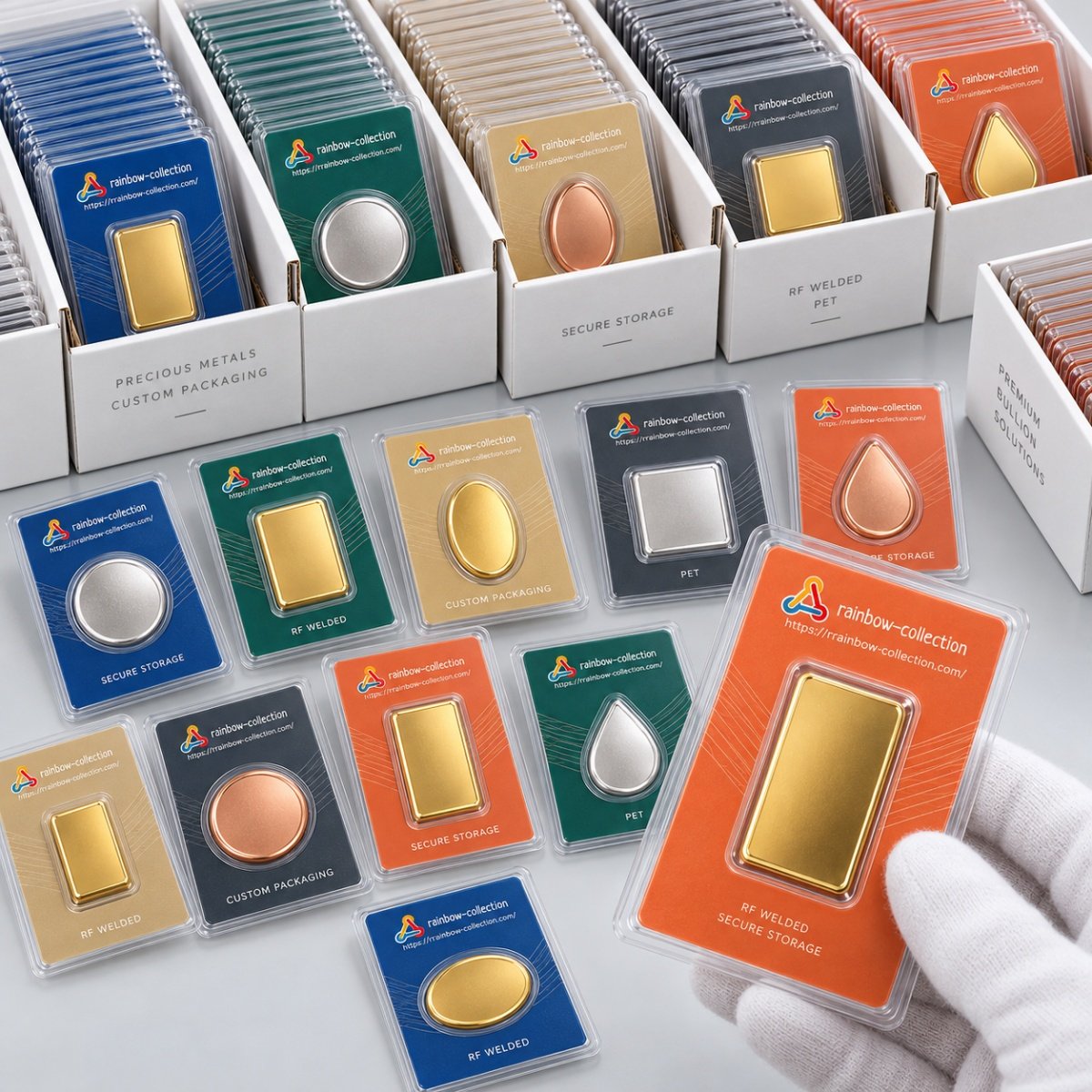 Wide range of private label blister clamshell security cards for coins and bars with custom printing
