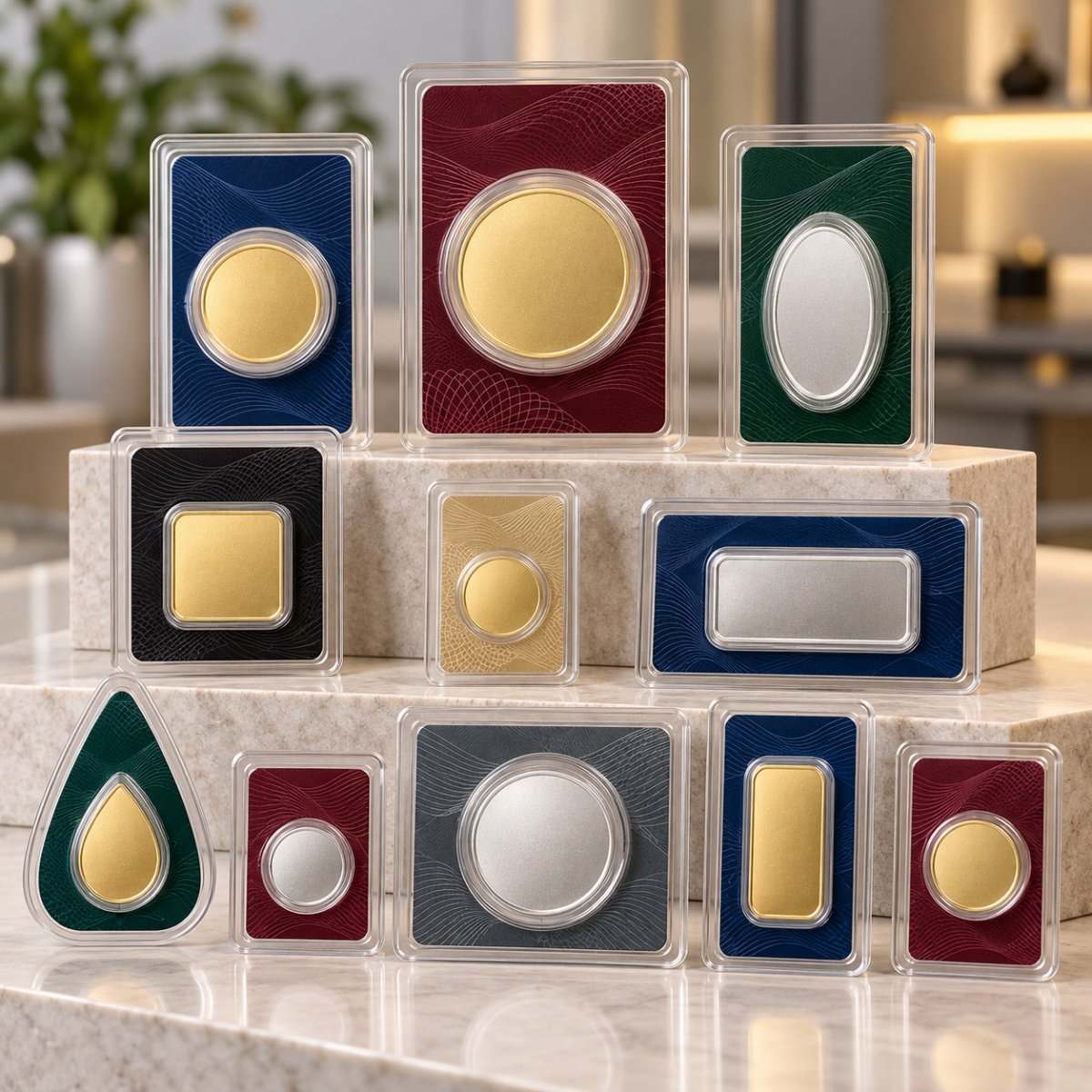 Bulk display of varied RF welded blister packaging cards for coins and metal bars