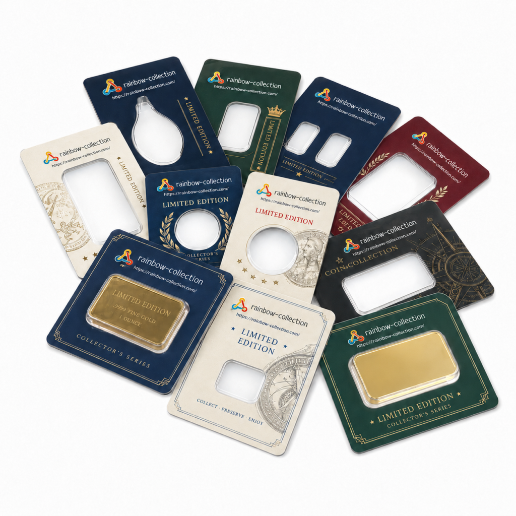 Custom-printed blister cards for coins and gold bars with assorted colors and clear viewing areas.