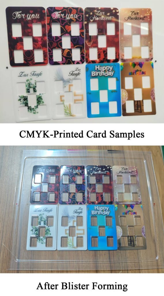 CMYK-printed blister card samples with wedding, birthday and baptism artwork, alongside the same designs after forming.
