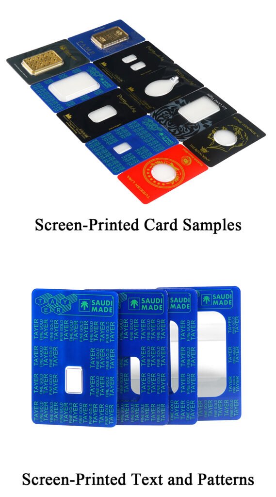 Screen-printed blister cards featuring logos, lettering and repeated patterns around clear viewing areas.