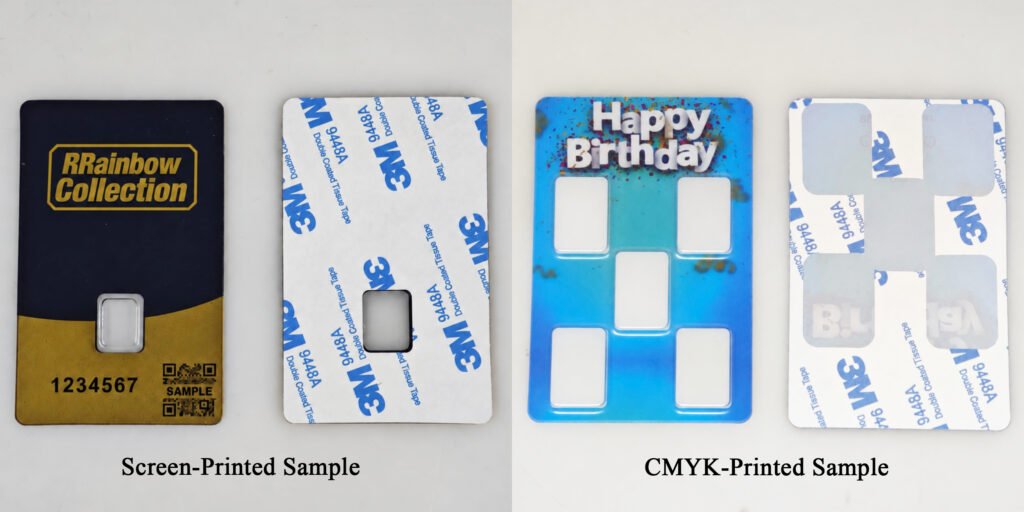 Screen-printed and CMYK-printed blister cards shown side by side, each with its adhesive backing panel.