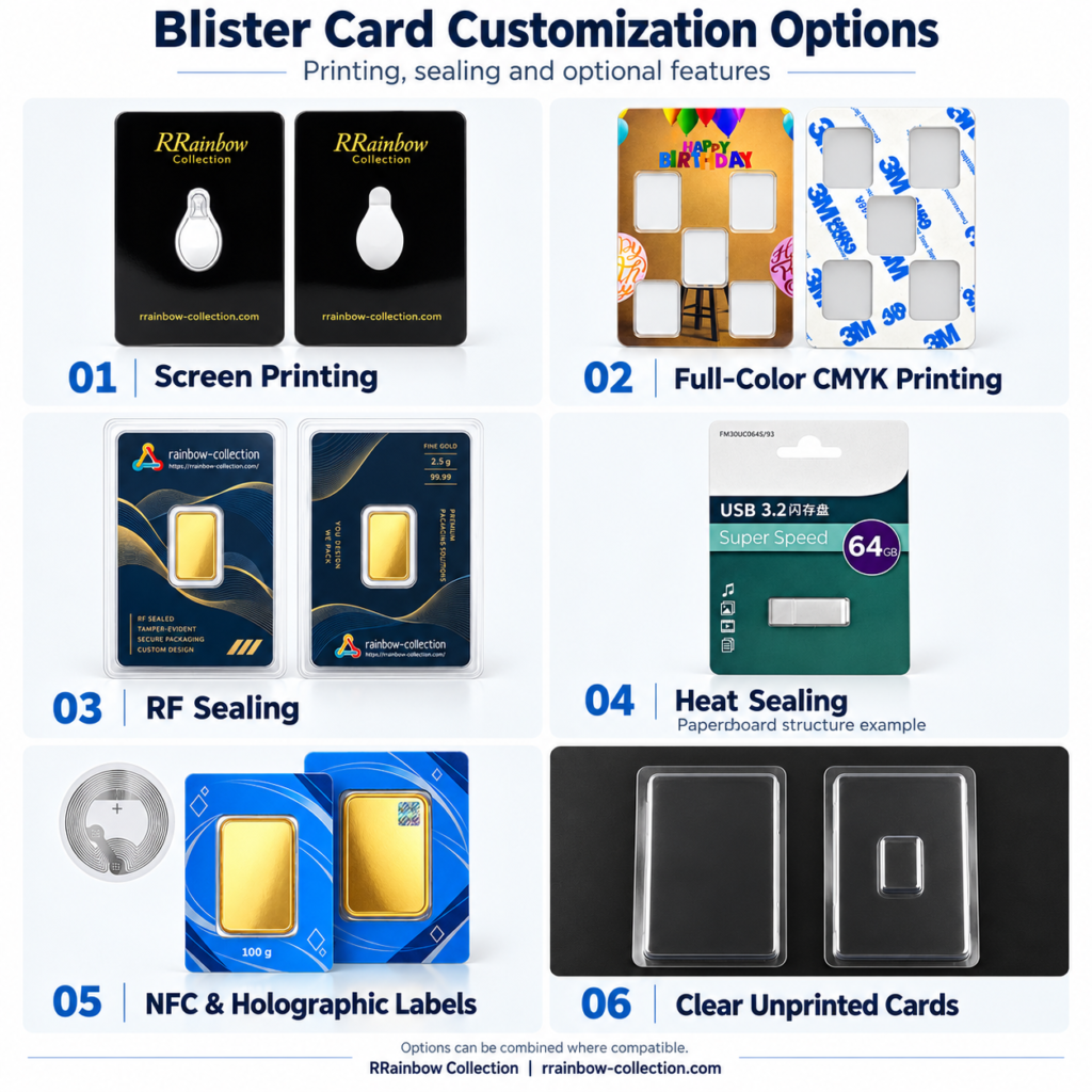 Blister card options showing screen printing, CMYK printing, RF sealing, heat sealing, NFC and holographic labels, and clear unprinted cards