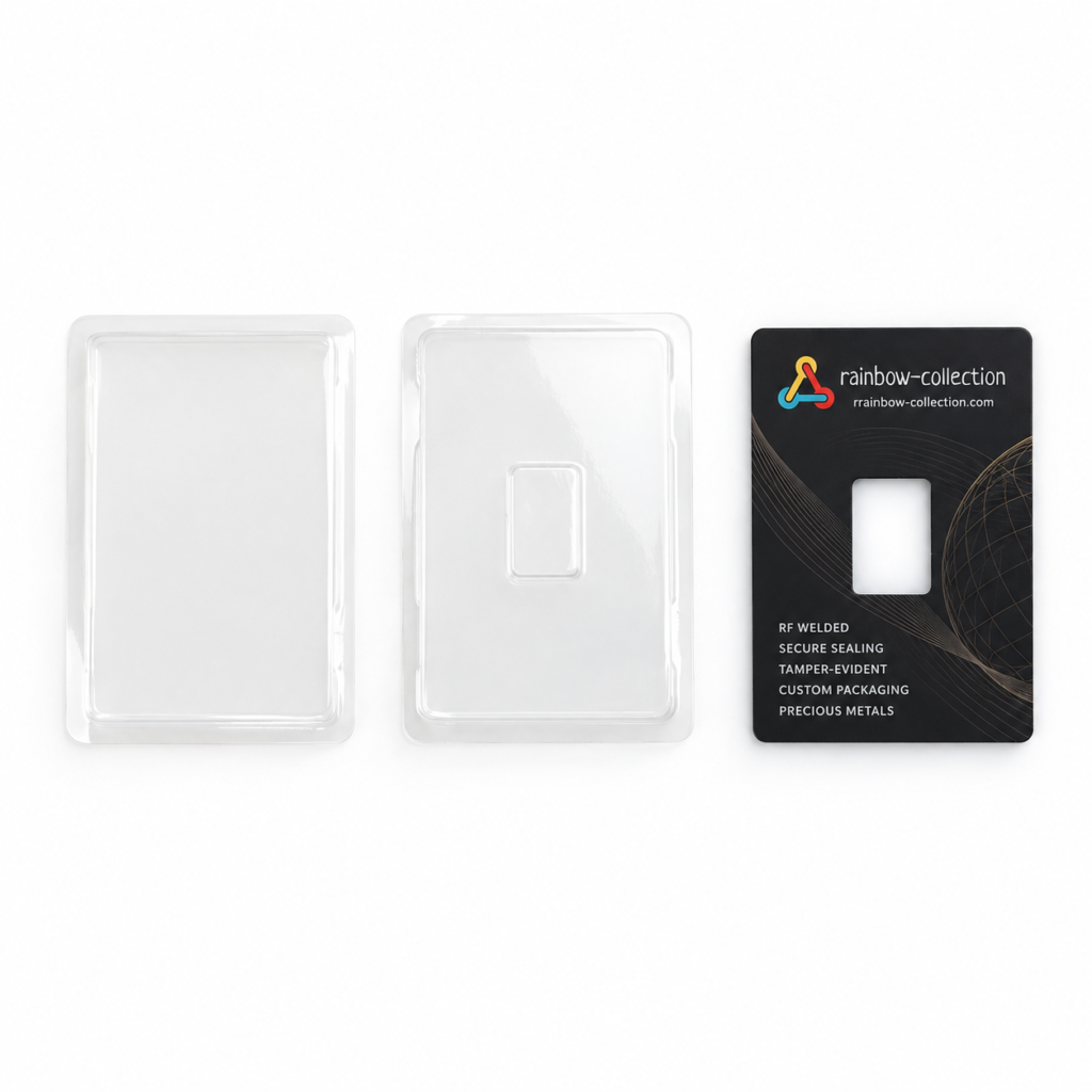 Clear blister packaging components displayed beside a black printed card