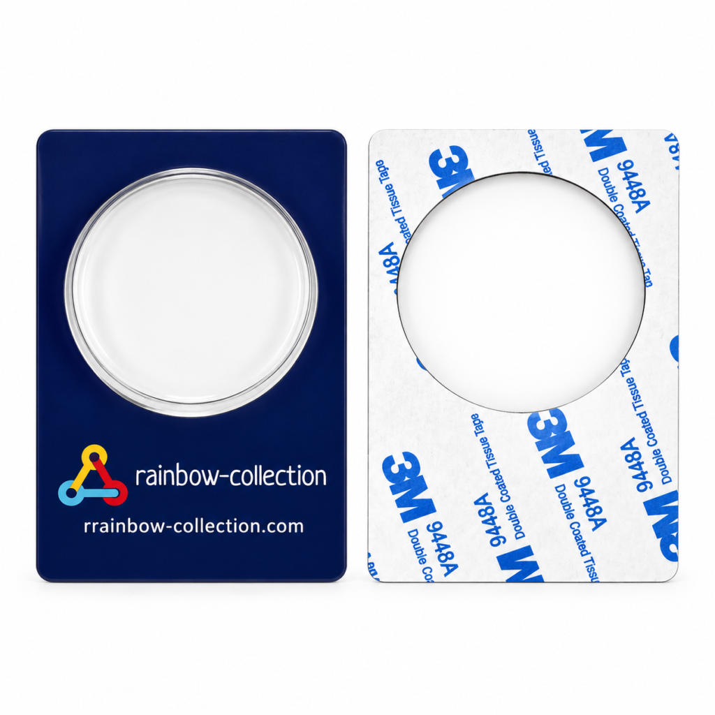 Blue coin blister card with a circular cavity beside a backing panel with a 3M release liner